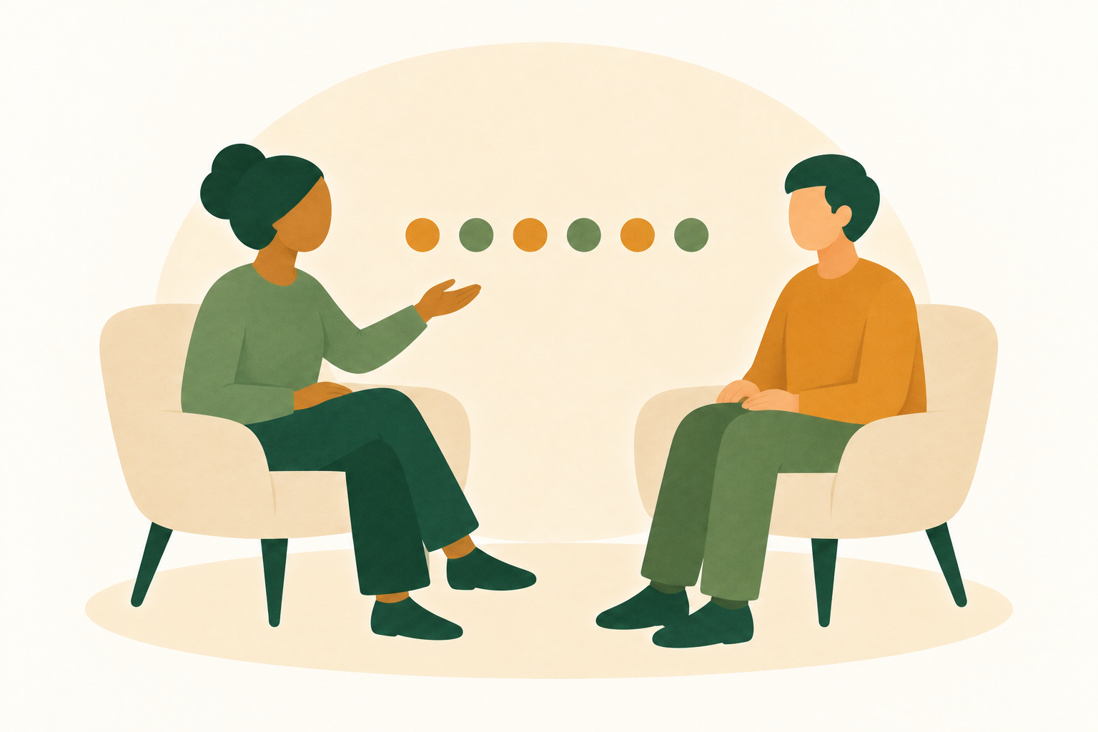 Illustration of a calm guided EMDR session with two people seated facing each other.