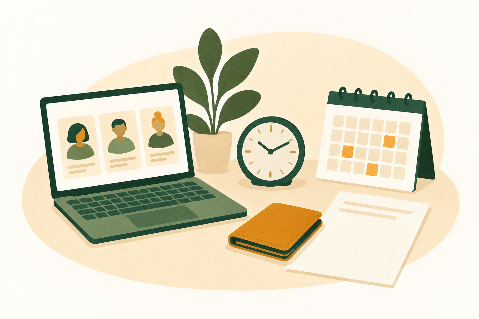 Illustration of practical session details and a calm workspace.