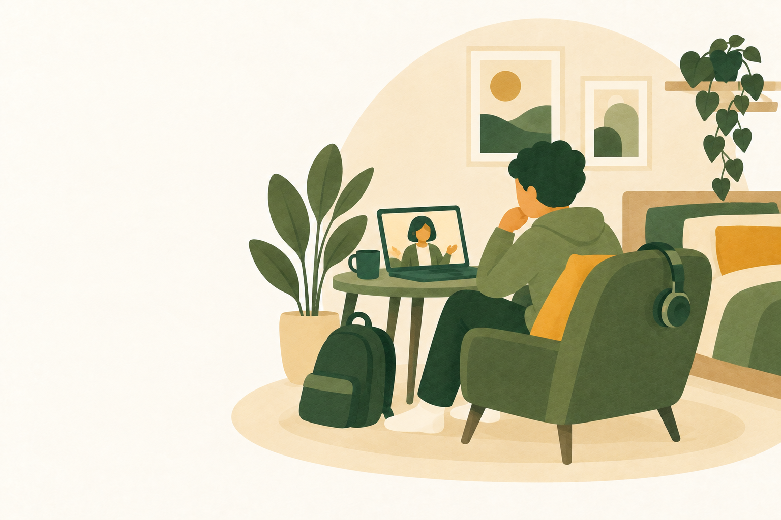 Illustration of a calm online therapy session for a teenager.
