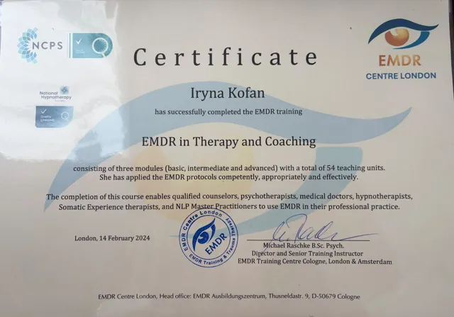 Certificate: EMDR in Therapy and Coaching, EMDR Centre London, issued to Iryna Kofan