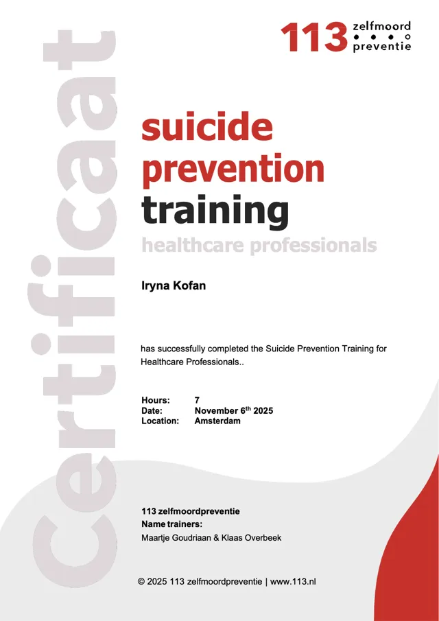 Certificate: Suicide Prevention Training for Healthcare Professionals, 113 Zelfmoordpreventie, issued to Iryna Kofan